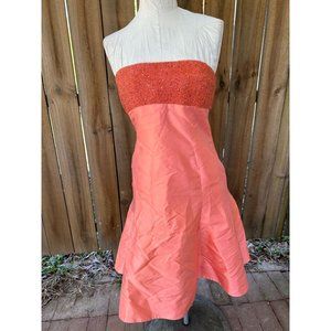 PAMELLA ROLAND Orange Silk BEADED BUST Strapless Flared DRESS 8 Flaws